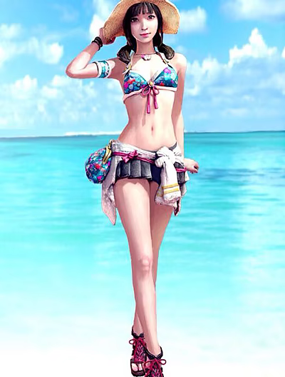 Woman In Colorful Bikini With Sarong And Beach Bag Standing By Blue Sea Water 3d model