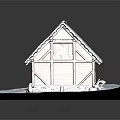 Wooden Log House With Snow Covered Roof And Stone Base On Snowy Ground