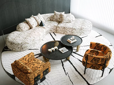 Elegant Round Sofa Coffee Table Set With Patterned Chairs Black Circular Tables And Decorative Rug 3d model