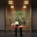 Elegant Hotel Lobby Interior With Warm Lighting Large Green Plant Red Table And Decorative Ornaments