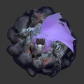 Futuristic Warrior Character In Armor With Purple Scarf Dual Guns On Lava Rock Base