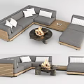 L Shaped Gray Sofa Coffee Table Set with Wooden Frame Round Fire Pit and Pillows 3d model