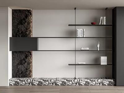 Modern Black Bookcase With Open Shelves And Decorative Books On Wooden Floor 3d model