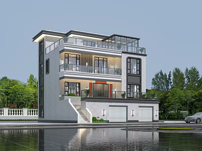 Modern Detached Villa Exterior Three Story Design With Balconies Garage And Waterfront Greenery 3d model