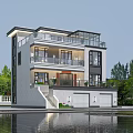Modern Detached Villa Exterior Three Story Design With Balconies Garage And Waterfront Greenery
