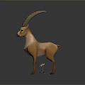 3D Rendered Antelope With Long Curved Horns Standing On Green Grass Near Small White Flower