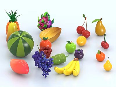 Cartoon fruit grape watermelon dragon fruit mangosteen banana cherry cherries lion pineapple 3d model