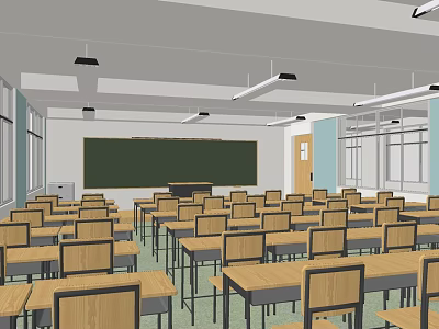 School Classroom Interior With Wooden Desks Chairs Blackboard Windows And Lighting 3d model