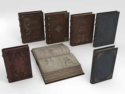 Antique Decorative Books Collection With Ornate Covers Open Pages And Various Colors 3d model