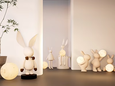 Cute Rabbit Shaped Decorative Lights With Illuminated Moon Balls In Cozy Indoor Home Decor Setup 3d model