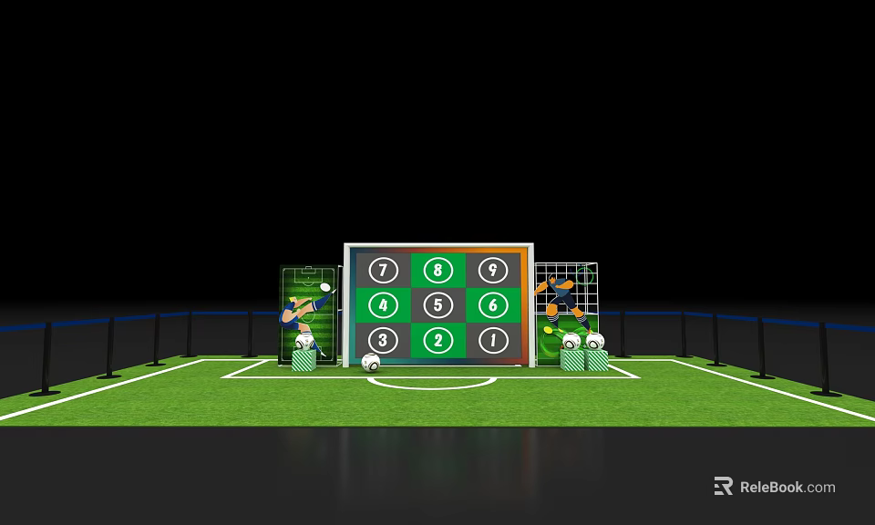 Creative Art Installation With Football Field Green Target Board And Soccer Balls 3d model 