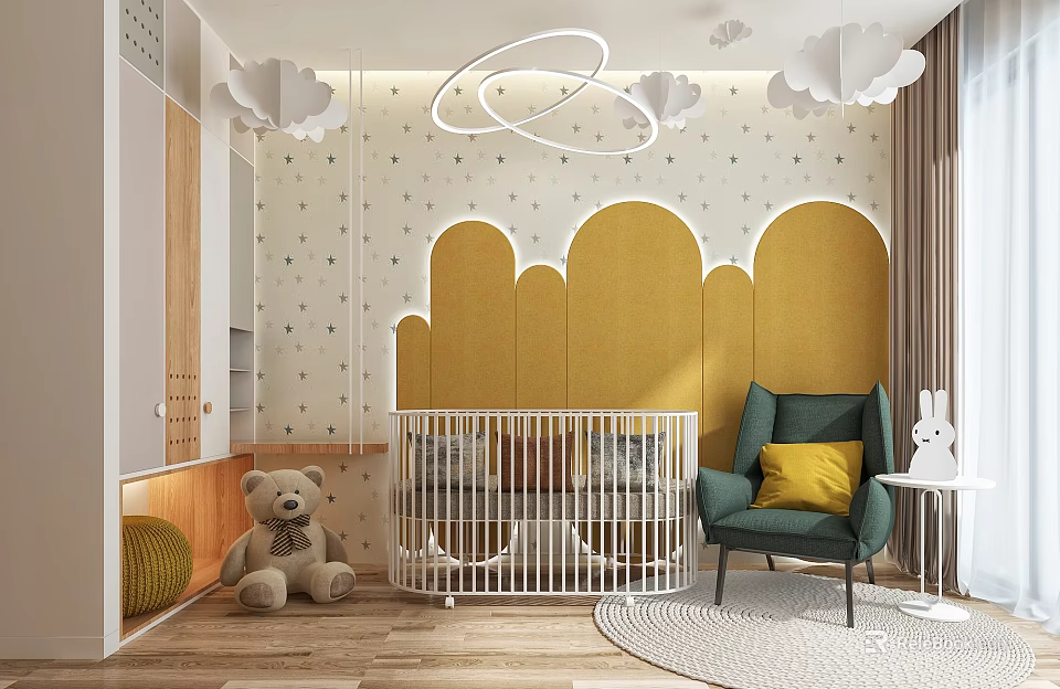 Cozy Kids Room Interior With Crib Yellow Cloud Wall Decor Teddy Bear And Green Armchair 3d model 