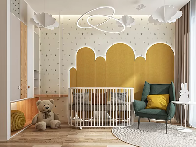 Cozy Kids Room Interior With Crib Yellow Cloud Wall Decor Teddy Bear And Green Armchair 3d model