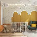 Cozy Kids Room Interior With Crib Yellow Cloud Wall Decor Teddy Bear And Green Armchair
