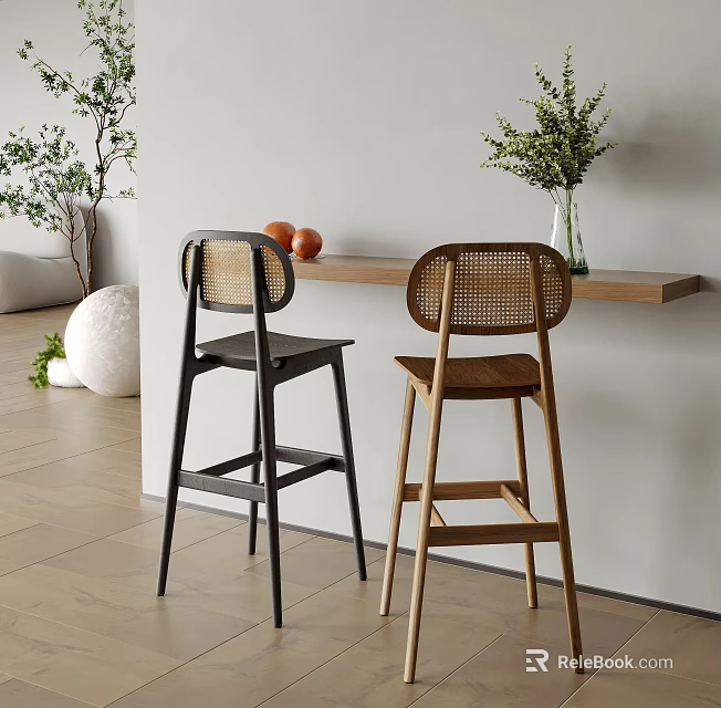 Modern Bar Counter With Two Bar Stools Vase Oranges Green Plants White Wall And Wooden Floor 3d model 