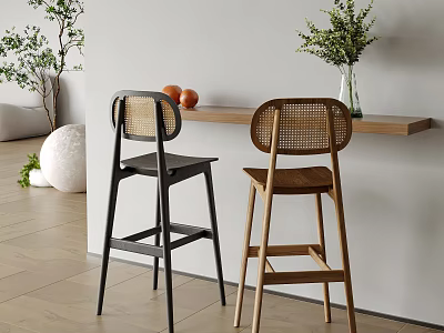 Modern Bar Counter With Two Bar Stools Vase Oranges Green Plants White Wall And Wooden Floor 3d model
