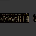 Black Computer Keyboard With Yellow Backlight And Matching Black Mouse Gold Accent Design 3d model
