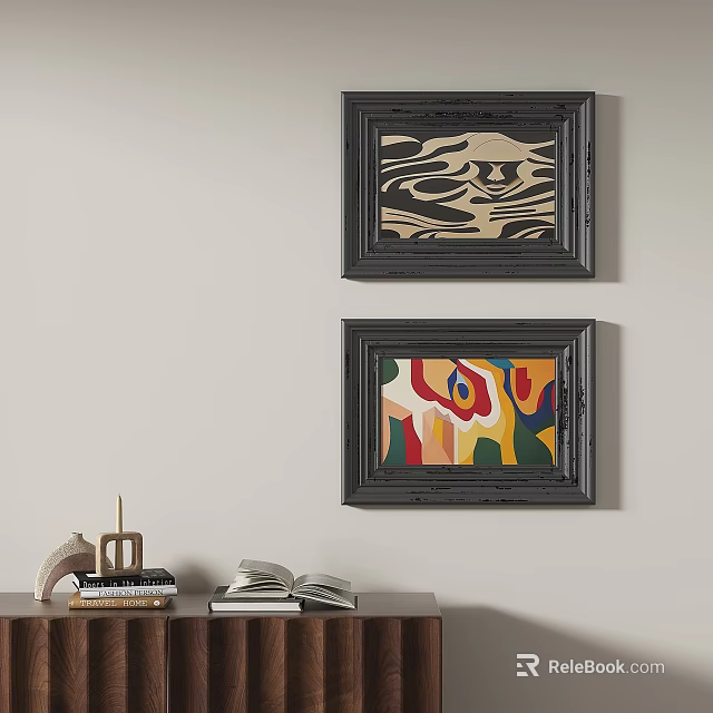 Two Abstract Paintings In Dark Frames On Wall With Books And Decor 3d model