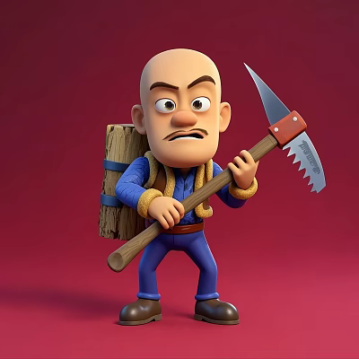 Cartoon Man With Bald Head Serious Expression Carrying Firewood Holding Sickle In Red Background 3d model