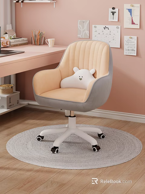 Wheeled Kids Chair with Light Orange Gray and White Bear Plush Toy on Gray Rug 3d model 