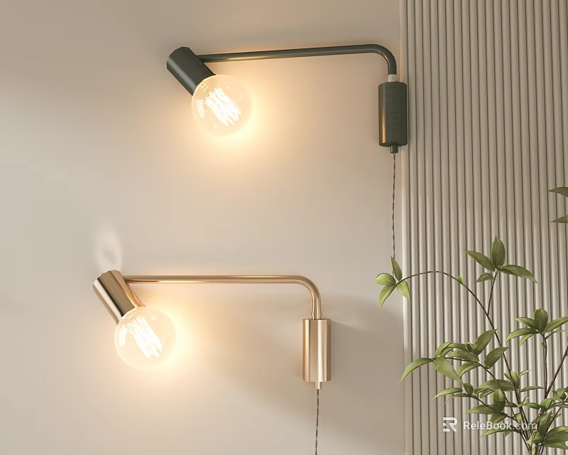 Modern Black And Gold Wall Lamps With Exposed Bulbs And Green Plant In Interior 3d model 