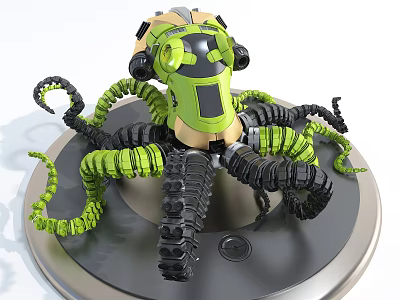 Green And Black Mechanical Octopus Model With Intricate Tentacles On Silver Base 3d model