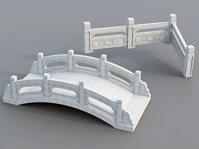White Stone Landscape Bridge With Arched Body And Carved Railings Model 3d model