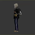 Man In Hooded Jacket With Mask Backpack Blue Jeans Brown Shoes And Arms Outstretched