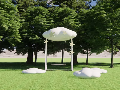 Outdoor Playground Equipment Cloud Shaped Pavilion With Swing Star Decorations On Green Grass And Trees 3d model