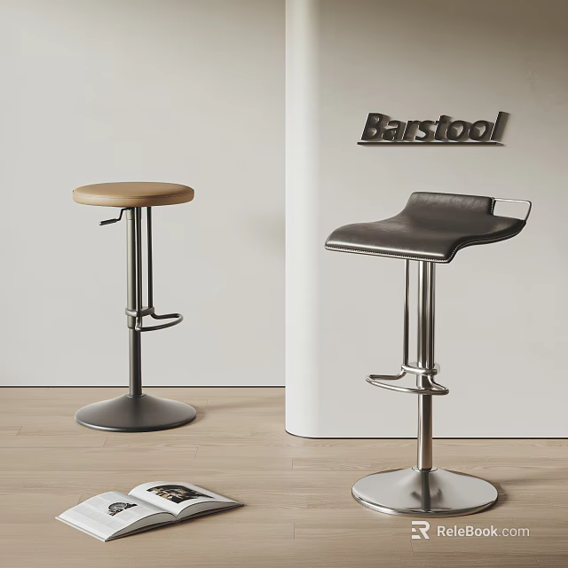 Two Modern Barstools Featuring Wooden Seat And Leather Cushion Metal Adjustable Base 3d model 