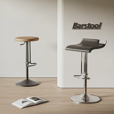 Two Modern Barstools Featuring Wooden Seat And Leather Cushion Metal Adjustable Base 3d model