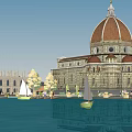 Ancient Architecture With Dome Design Along Waterfront Featuring Boats Trees And People