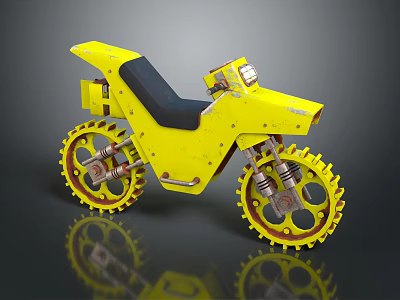 Yellow motorcycle with black seat and spoked wheels in retro mechanical design 3d model