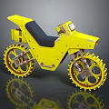 Yellow motorcycle with black seat and spoked wheels in retro mechanical design