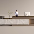 Modern Reception Desk Interior With Receptionist Computer Decorative Plant And Marble Design