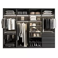 Organized Modern Wardrobe Interior with Hanging Clothes Folded Garments Shoes Storage Boxes and Drawers