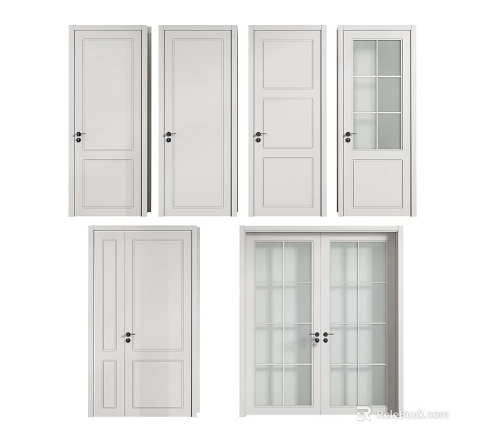 White Hinged Doors With Various Designs Including Glass Panels And Solid Panels 3d model 