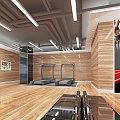 Modern Fitness Gym With Spacious Workout Area Premium Equipment Wooden Flooring And Glass Windows
