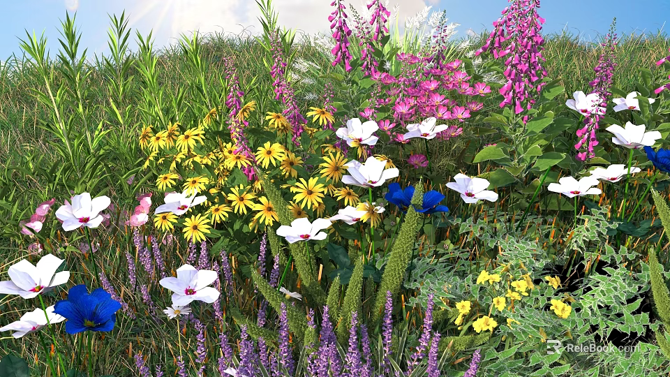 Vibrant Colorful Flowers In Natural Meadow With Green Grass And Sunlight 3d model 
