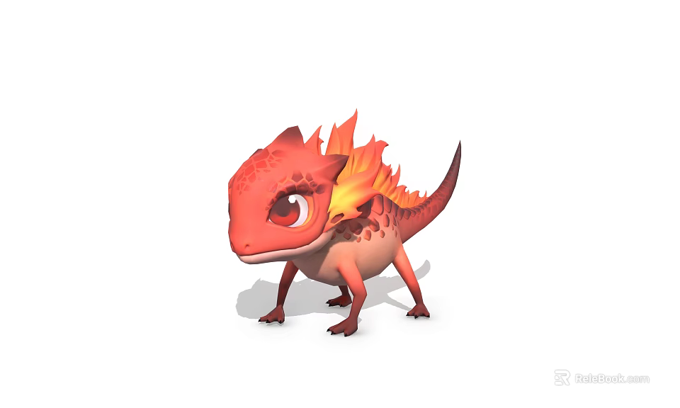 Cute Red Baby Dragon Character With Orange Frills And Big Eyes 3d model 