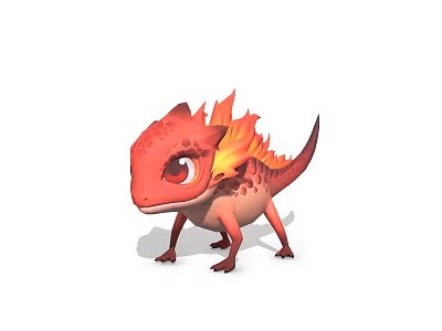 Cute Red Baby Dragon Character With Orange Frills And Big Eyes 3d model