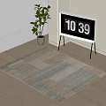 Square Rug With Neutral Tones Geometric Pattern On Wooden Floor Near Potted Plant Clock