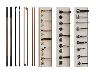 Various Modern Door Handles In Different Colors And Materials On Display Panels 3d model