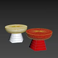Two Round Coffee Tables White And Red With Geometric Base Design On Light Background