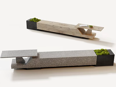 Modern Landscape Bench With Wooden Stone Structure And Integrated Green Plant Planters 3d model