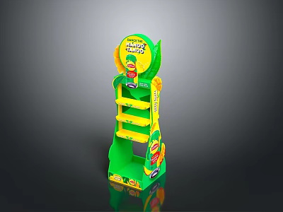 Happy Snacks Display Stand With Green Yellow Design And Multiple Shelves 3d model