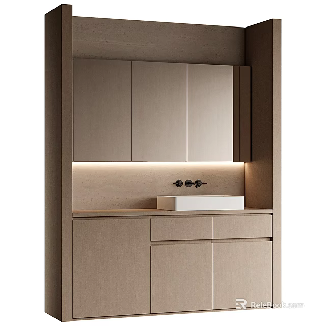 Modern Bathroom Vanity With Wooden Cabinets Backlit Mirror And Marble Countertop 3d model 
