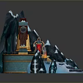 Snowy Mountain Structure With Golden Bell Red Door And Stone Steps
