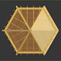 Yellow Wooden Gazebo Model With Hexagonal Base Triangular Roof Arched Doorway And Lattice Fence