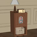 Wooden Entryway Side Cabinet With Table Lamp Decorative Glass Door Wicker Basket And Paneled Walls